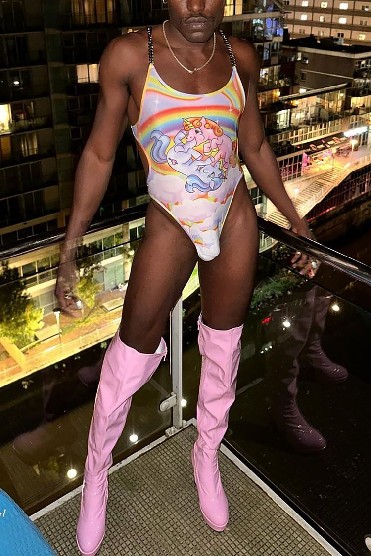 Rainbow Chain Sling Unicorn Print Hollow Out Sleeveless Bodysuit 
