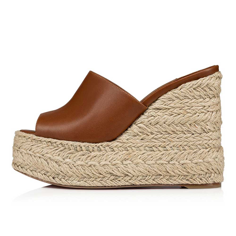 Brown Vegan Leather Peep Toe 5'' Wedge Heel Women's Platform Mules Nicepairs
