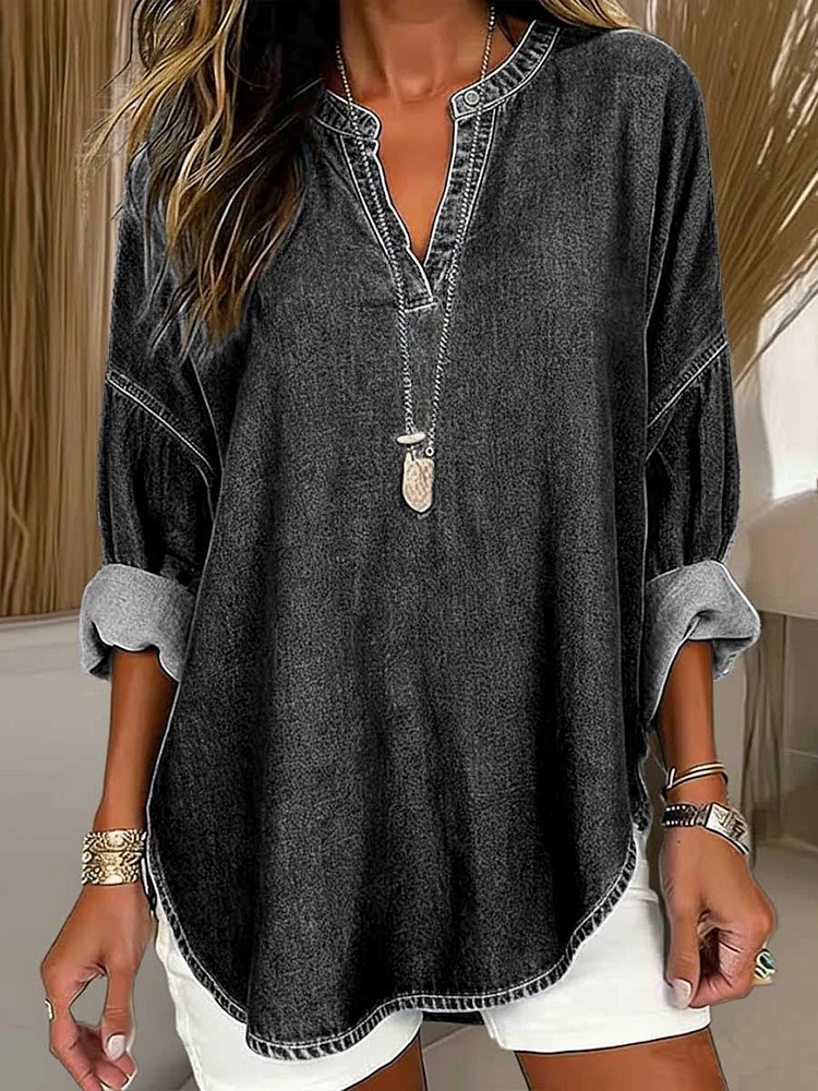 Women's V-neck Long-sleeved Casual Loose Denim Top socialshop
