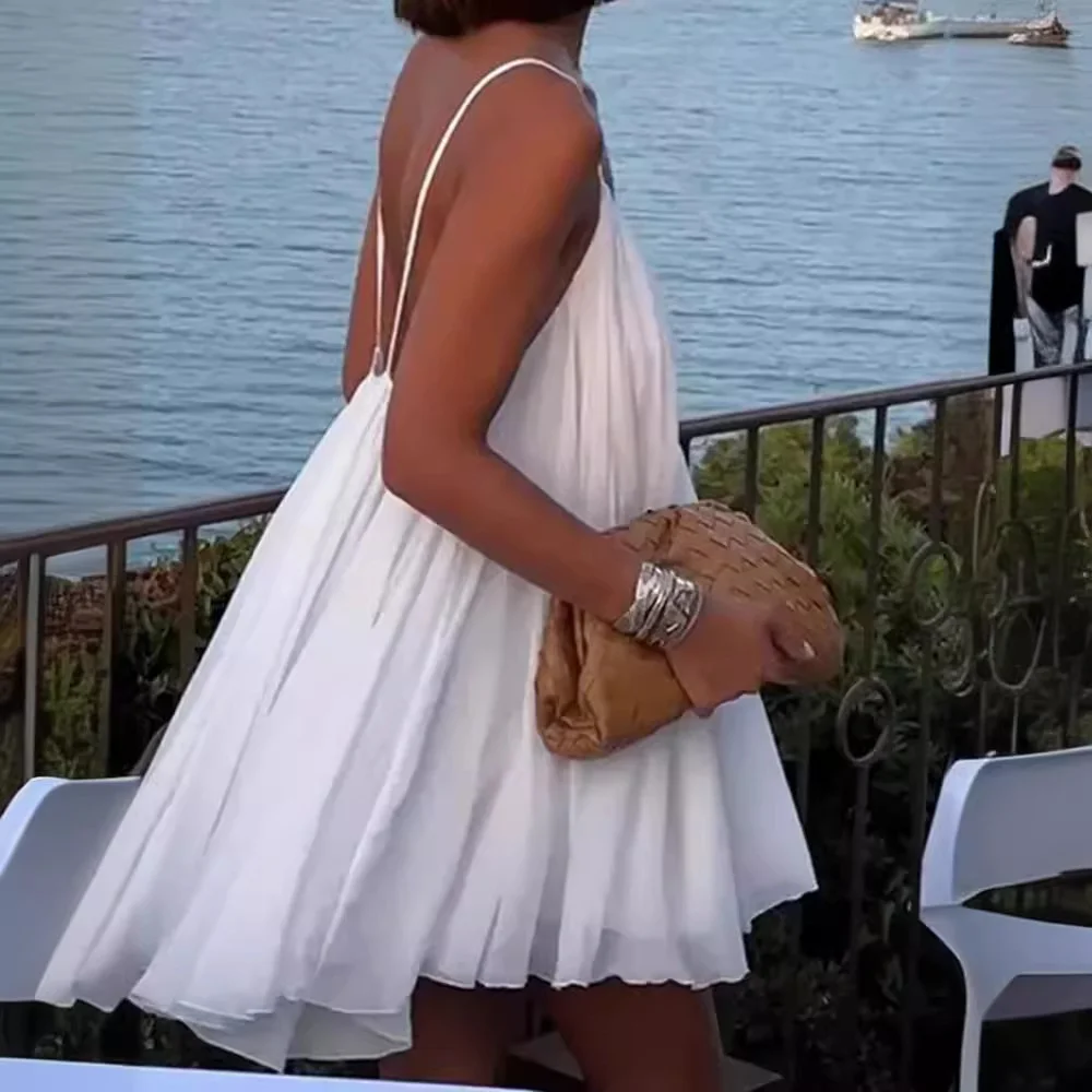 Holiday Style Loose White V-neck Halter Dress