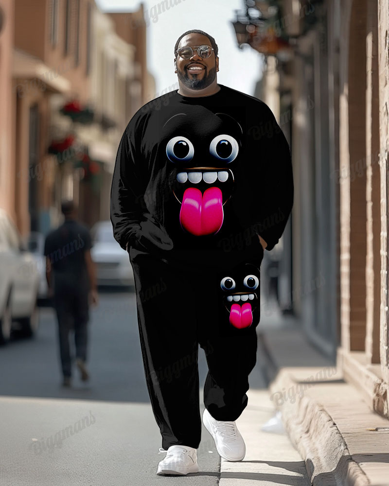 Men's Plus Size Black Fun Expression Print Long Sleeve T-Shirt Trousers Suit