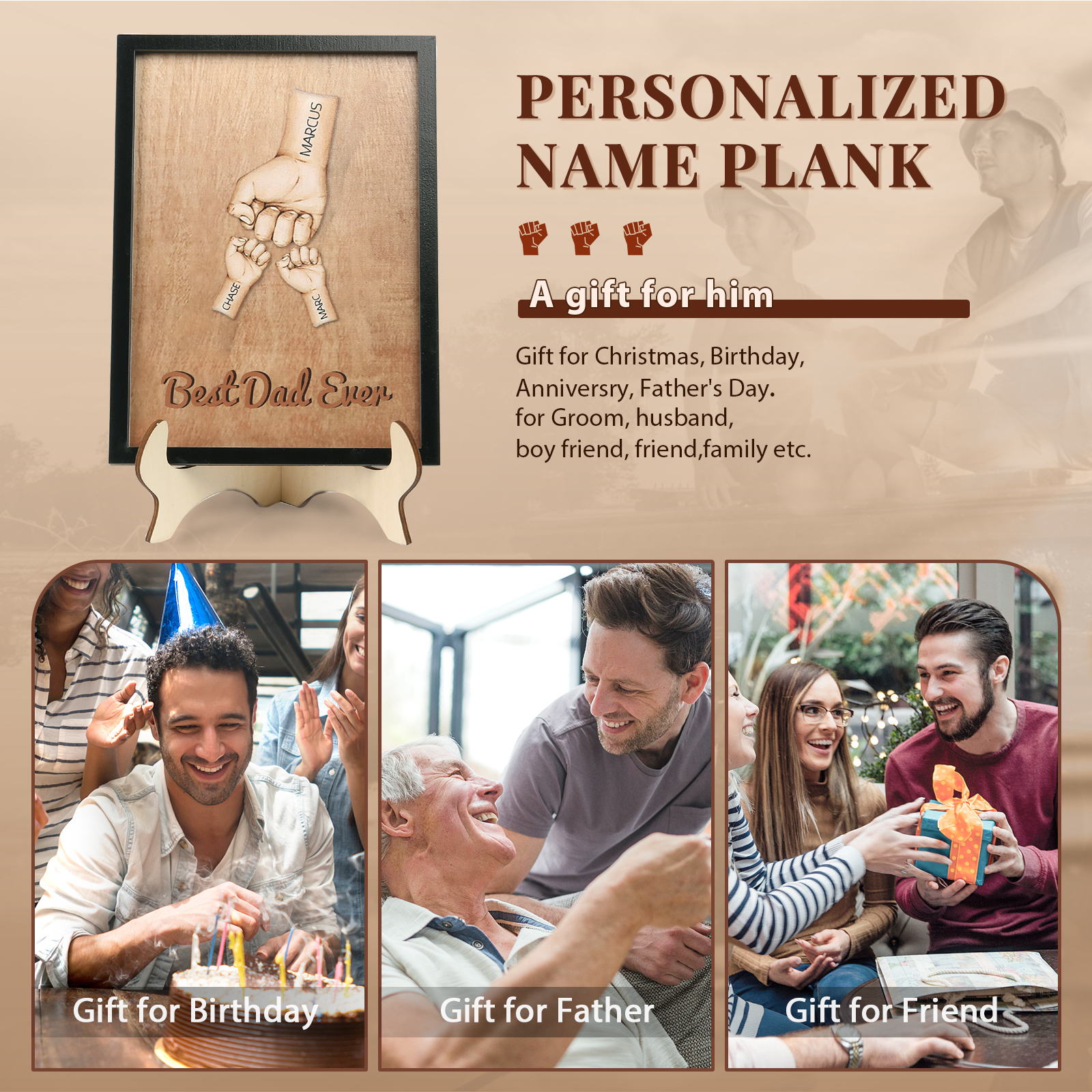 Décoration en bois Poings 3 Prénoms et 1 Texte Personnalisés Ornement Famille