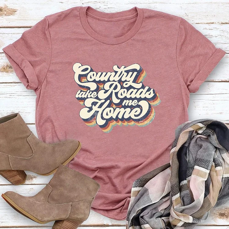 Retro Country Roads Take Me Home Round Neck T-shirt