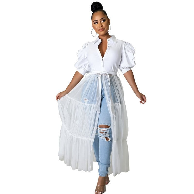 CM.YAYA Women Elegant Mesh Patchwork Lantern Short Sleeve High Waist Single Breasted Shirt Style Long Maxi Dress 2022 Summer