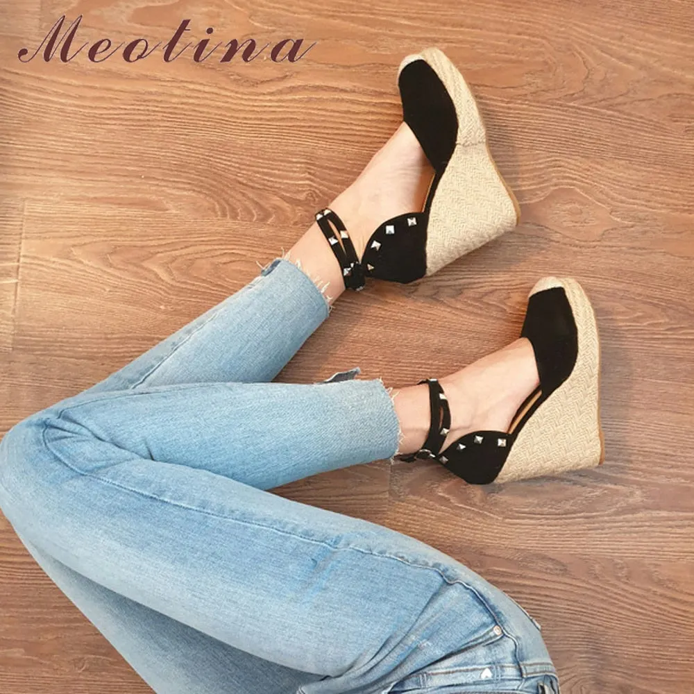 Meotina Summer High Heels Women Sandals Rivets Espadrille Platform Wedges Heel Ankle Strap Shoes Bohemia Sandals Big Size 34-43