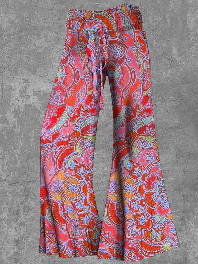 Ursime Boho Mandala Pattern Drawstring Waist Flare Leg Pants
