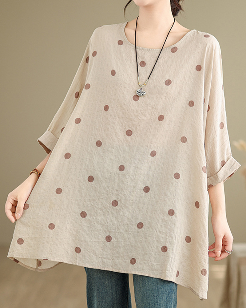 Polka Dot Asymmetric Hem Round Neck Long Sleeve Loose Top