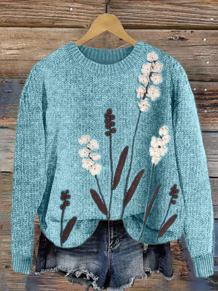 Classy White Flowers Crochet Art Cozy Knit Sweater