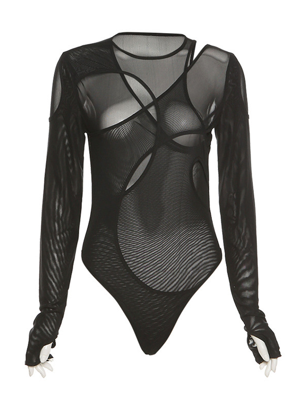 Sexy Long Sleeve See Through Cutout Mesh Paneled Crew Neck Top