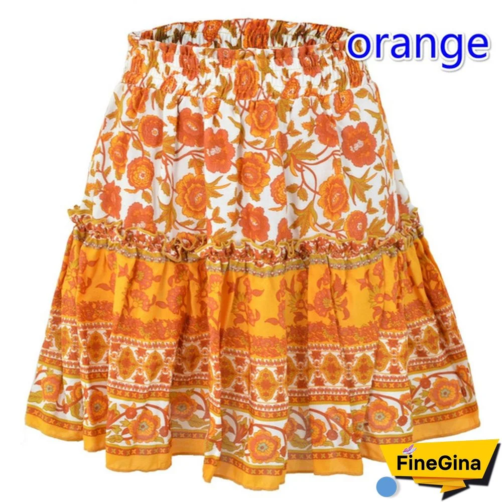 Women Fashion Casual Floral Short Skirts Summer High Waist Pleated Beach Skirt Beho Ruffle Dresses