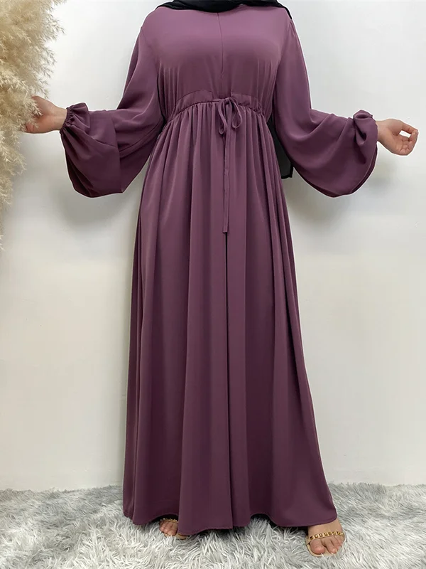 Long Sleeves Loose Drawstring Elasticity Muslim Pleated Solid Color Zipper Round-Neck Maxi Dresses