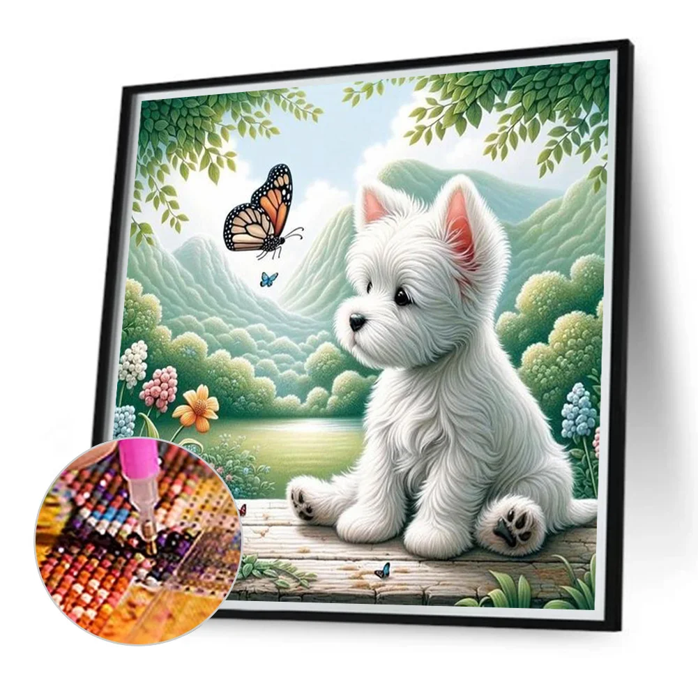 Diamond Painting - Full Round Drill - Dog Playing Butterfly(Canvas|40*40cm)