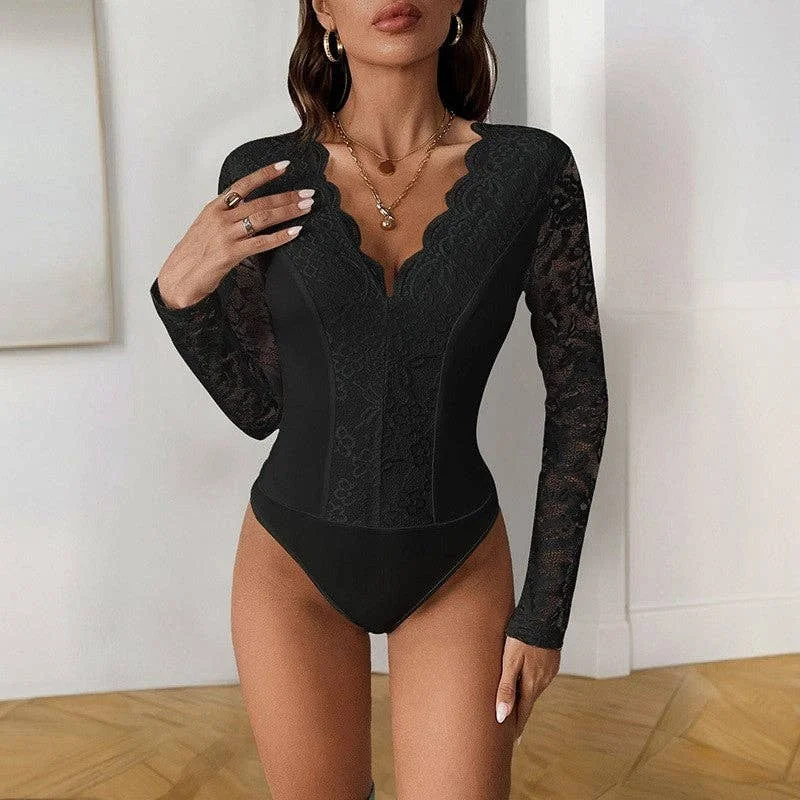V-Neck Lace Trim Long Sleeve Jumpsuit In Solid Color