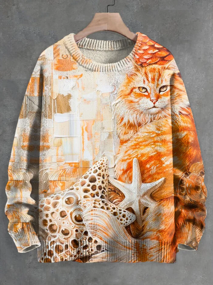 Men's Starfish And Cat Print Knit Sweatshirt