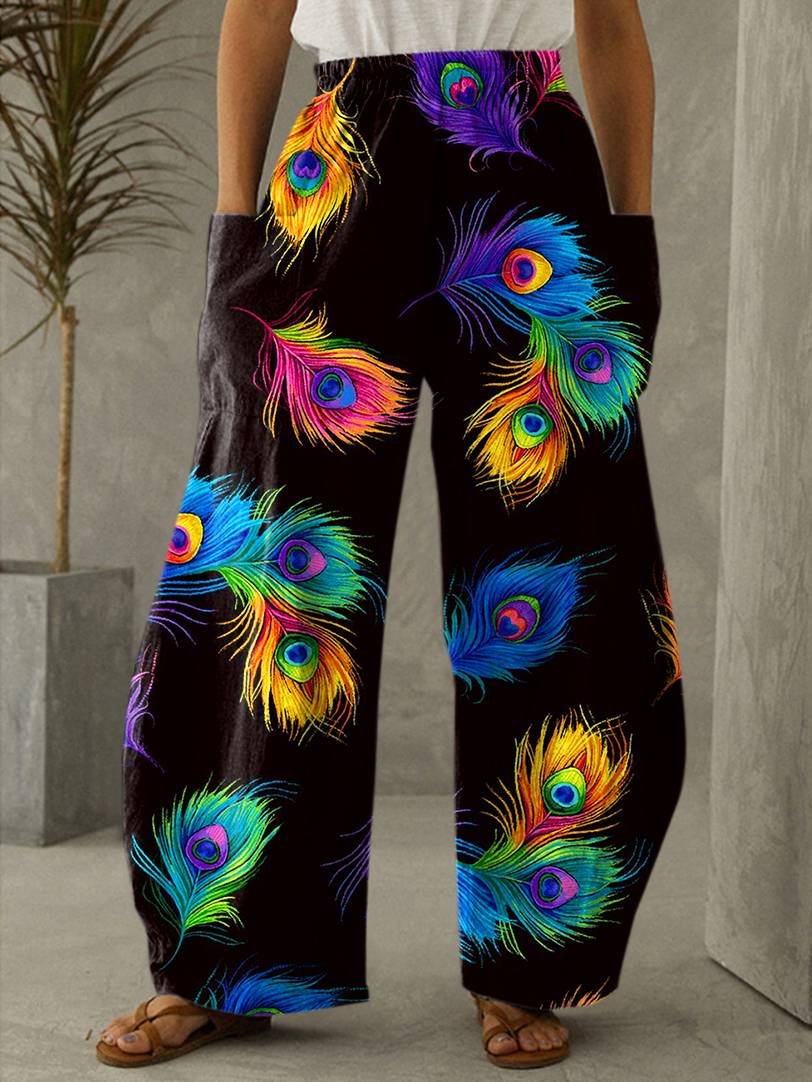 Peacock Feather Print Casual Loose Pants