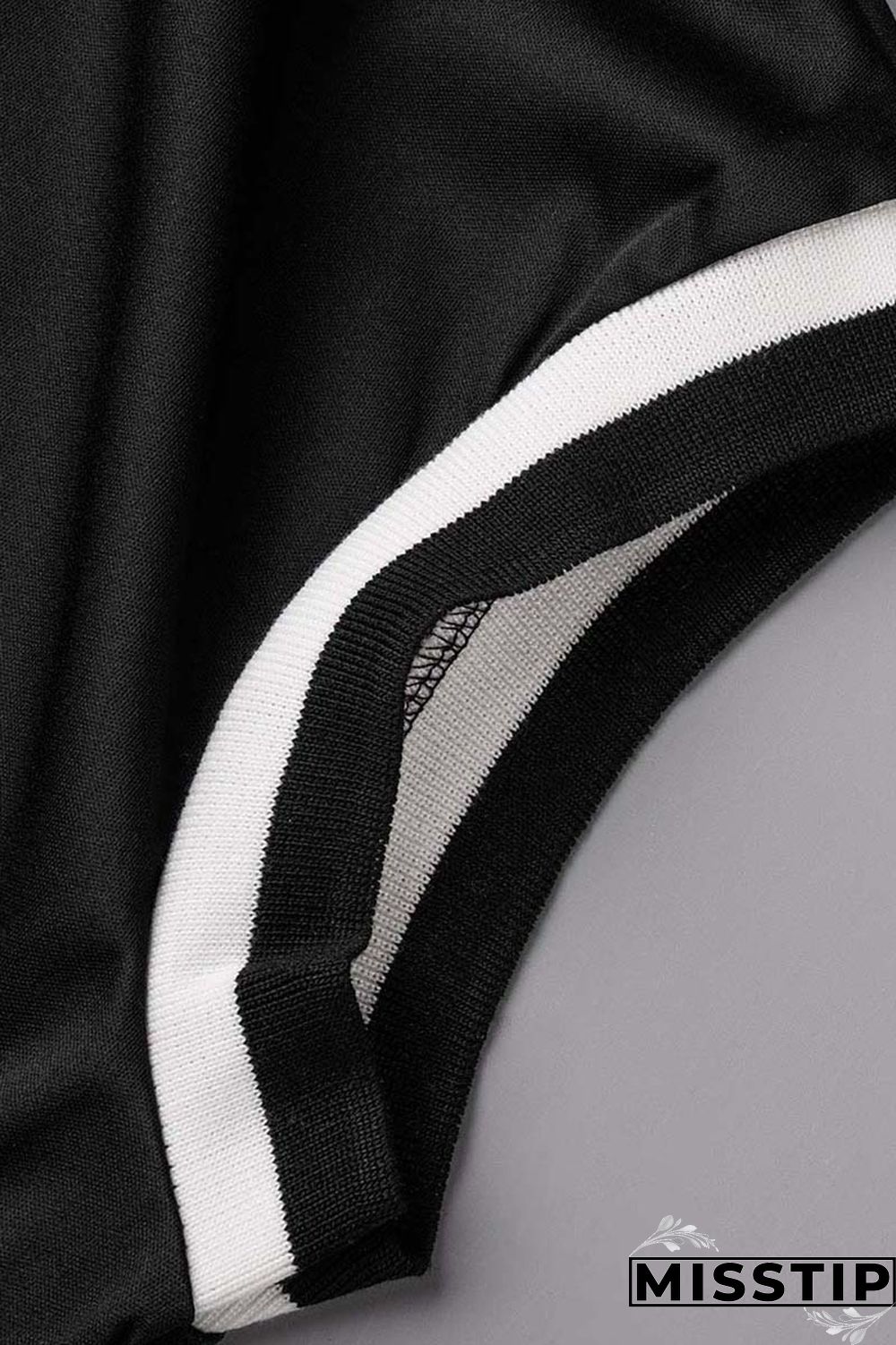 Black Casual Letter Print Patchwork V Neck Short Sleeve Two Pieces