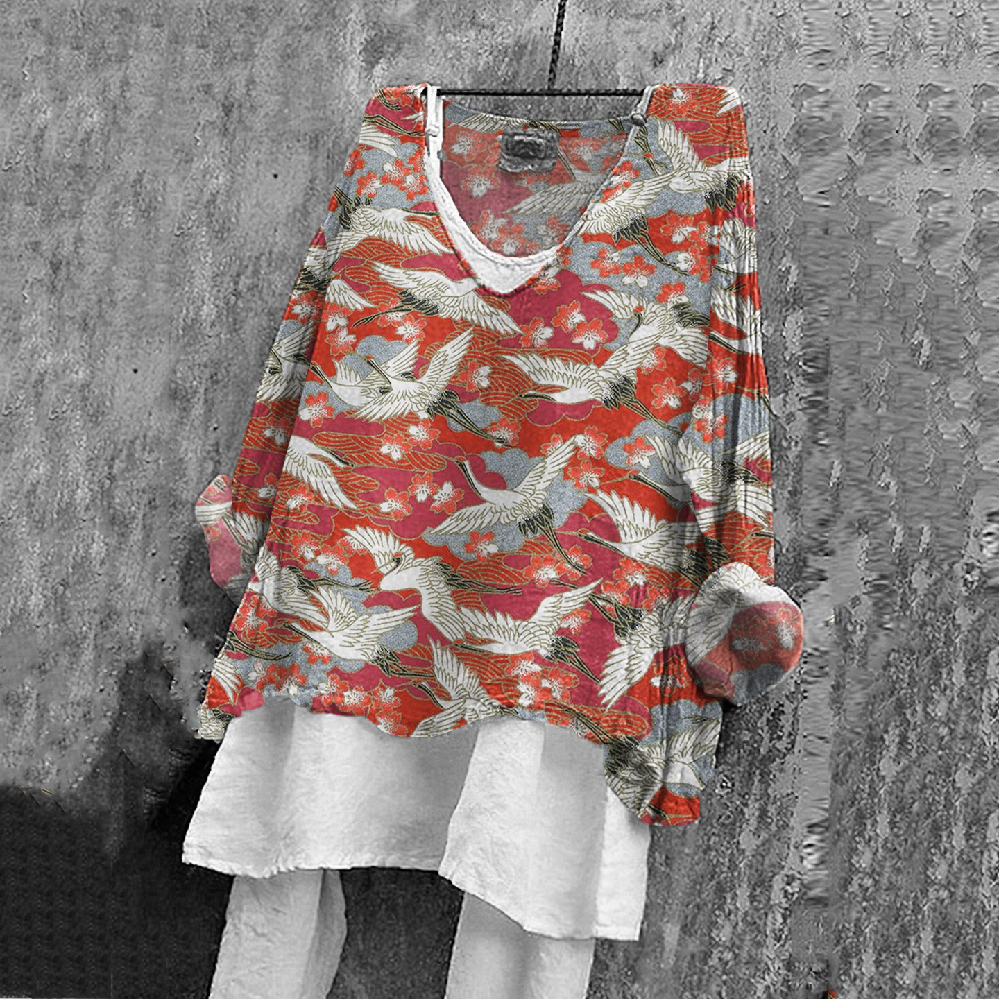 Japanese Art Sakura Crane Print V-Neck Linen Blend Casual Blouse wearshes