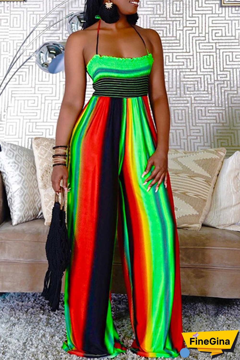 Pink Street Striped Draw String Halter Plus Size Jumpsuits