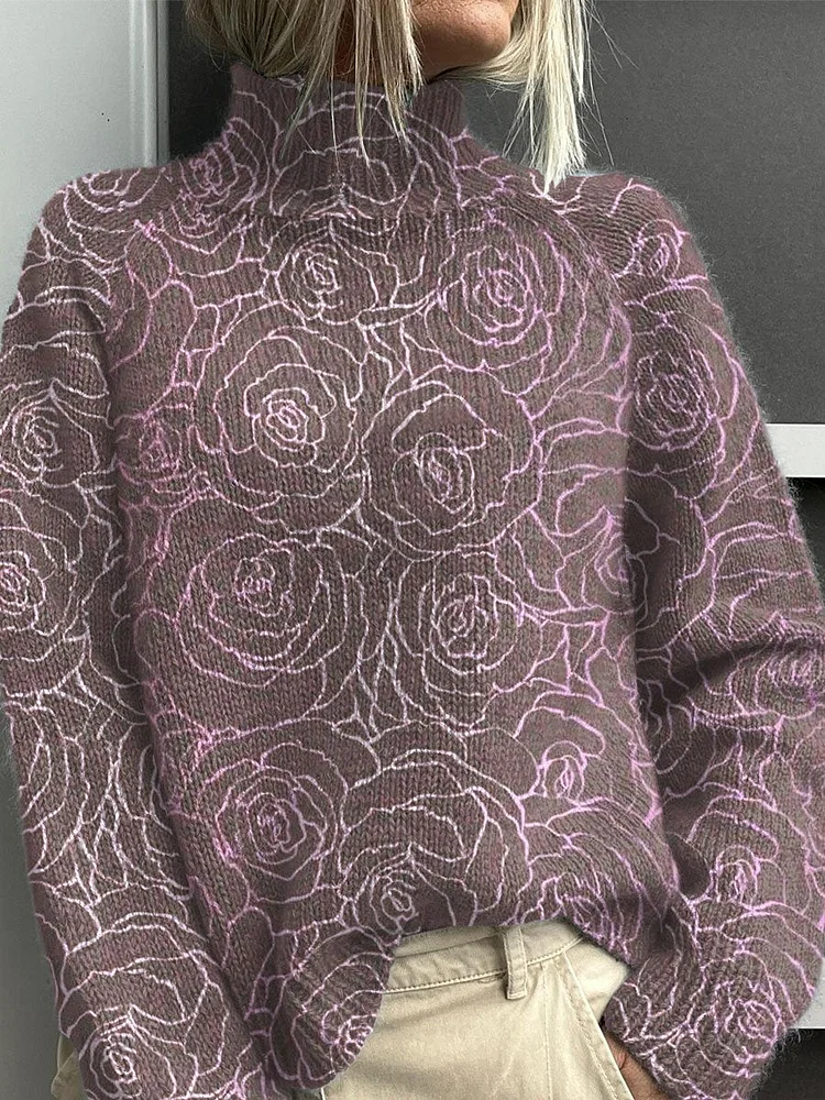 Flowers Art Print Knit Turtleneck Pullover Sweater