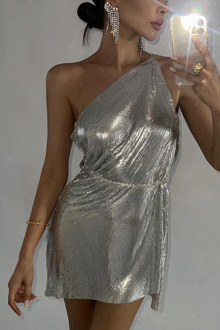 One Shoulder Backless Split Metallic Mini Dress-Silver