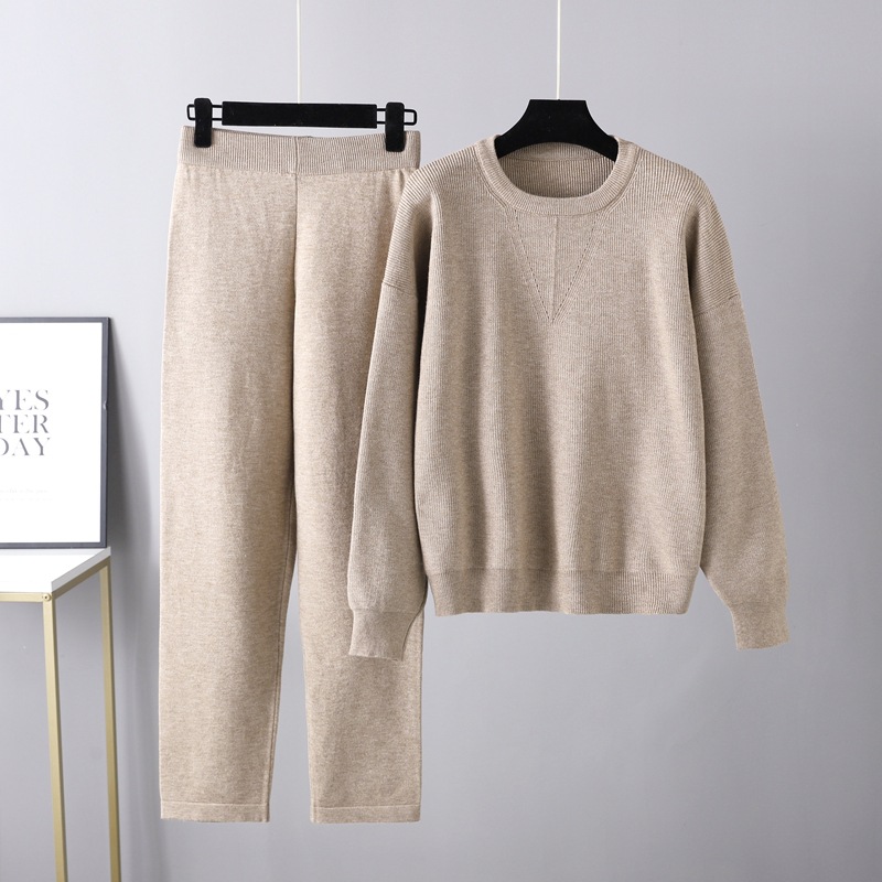 Rotimia Solid color crew neck sweater knitted two-piece set