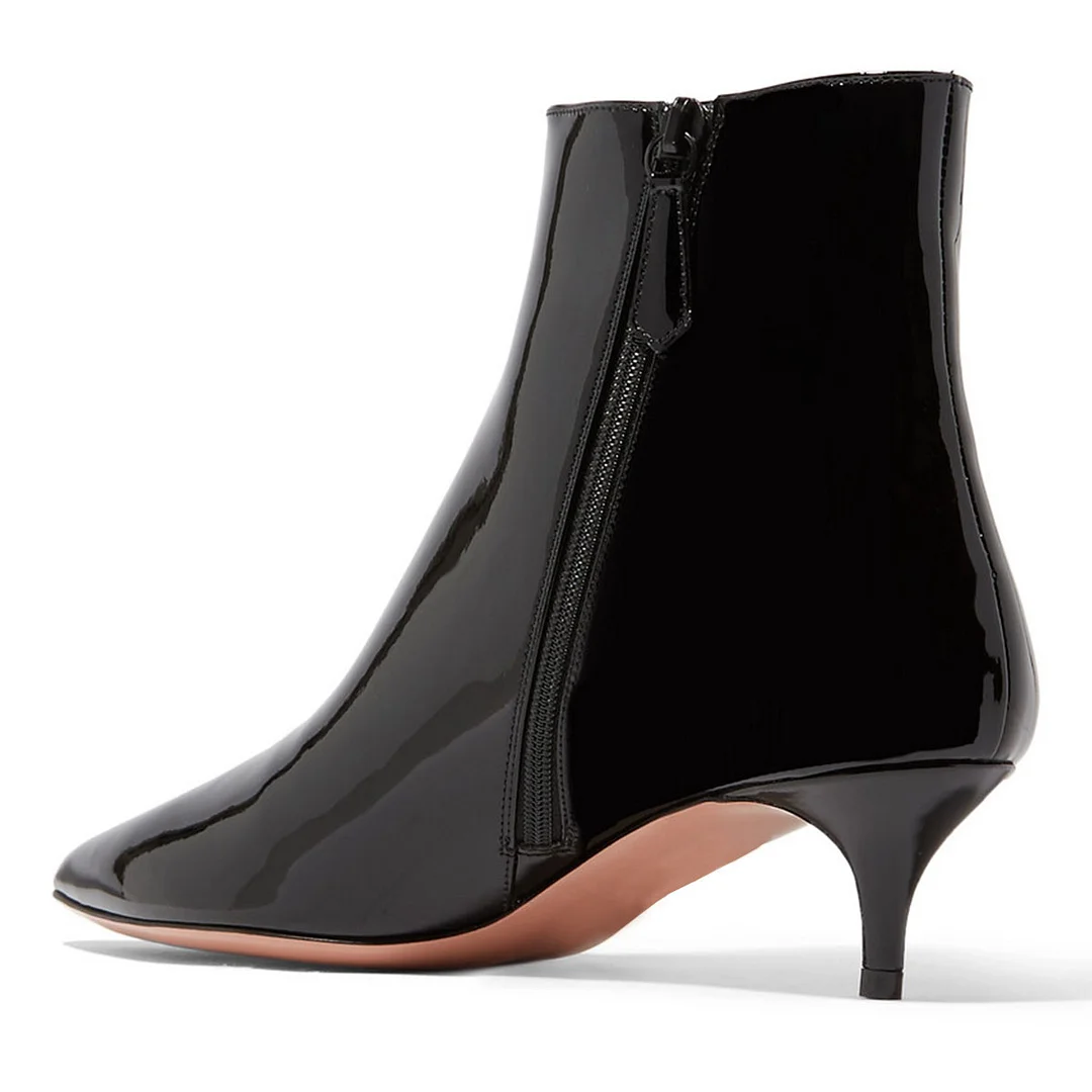 Black Patent Leather Pointed Toe Side Zipper Kitten Heel Ankle Boots