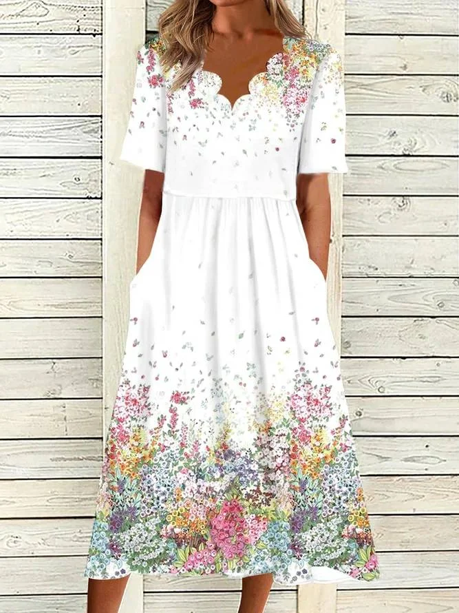 Women's A Line Dress White Print Ruched Dresses Fall V Neck