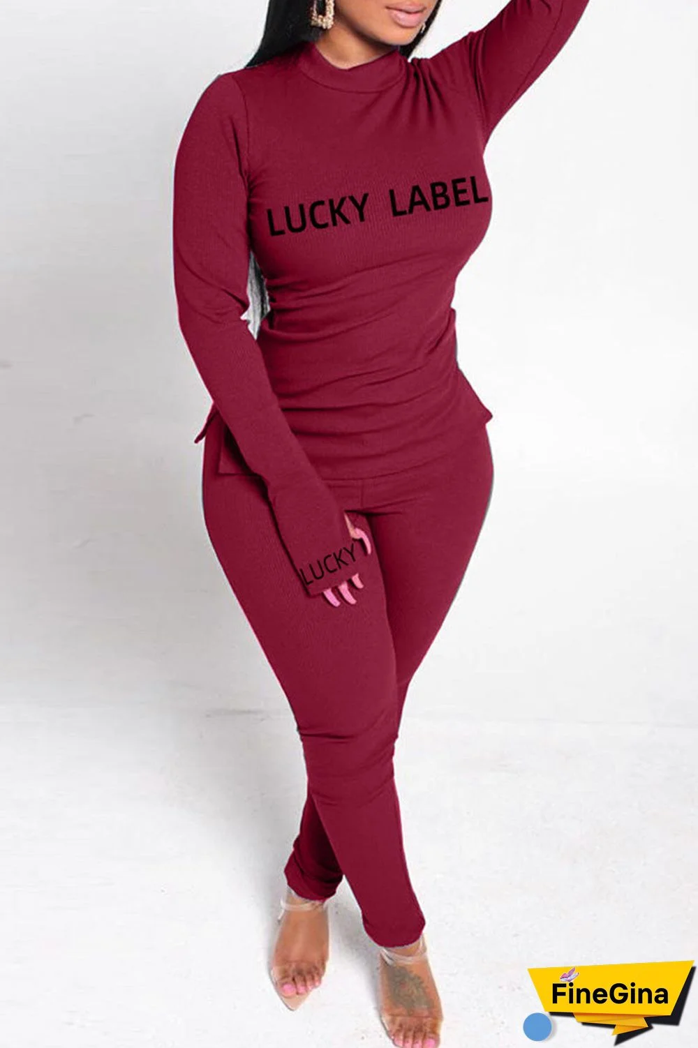 Fashion Casual Letter Print Basic Turtleneck Long Sleeve Two Pieces