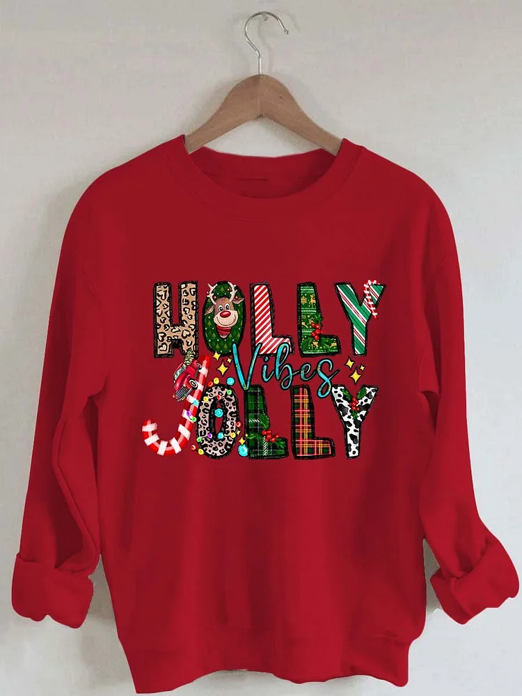 Holly jolly Vibes Print Long Sleeve Sweatshirt socialshop