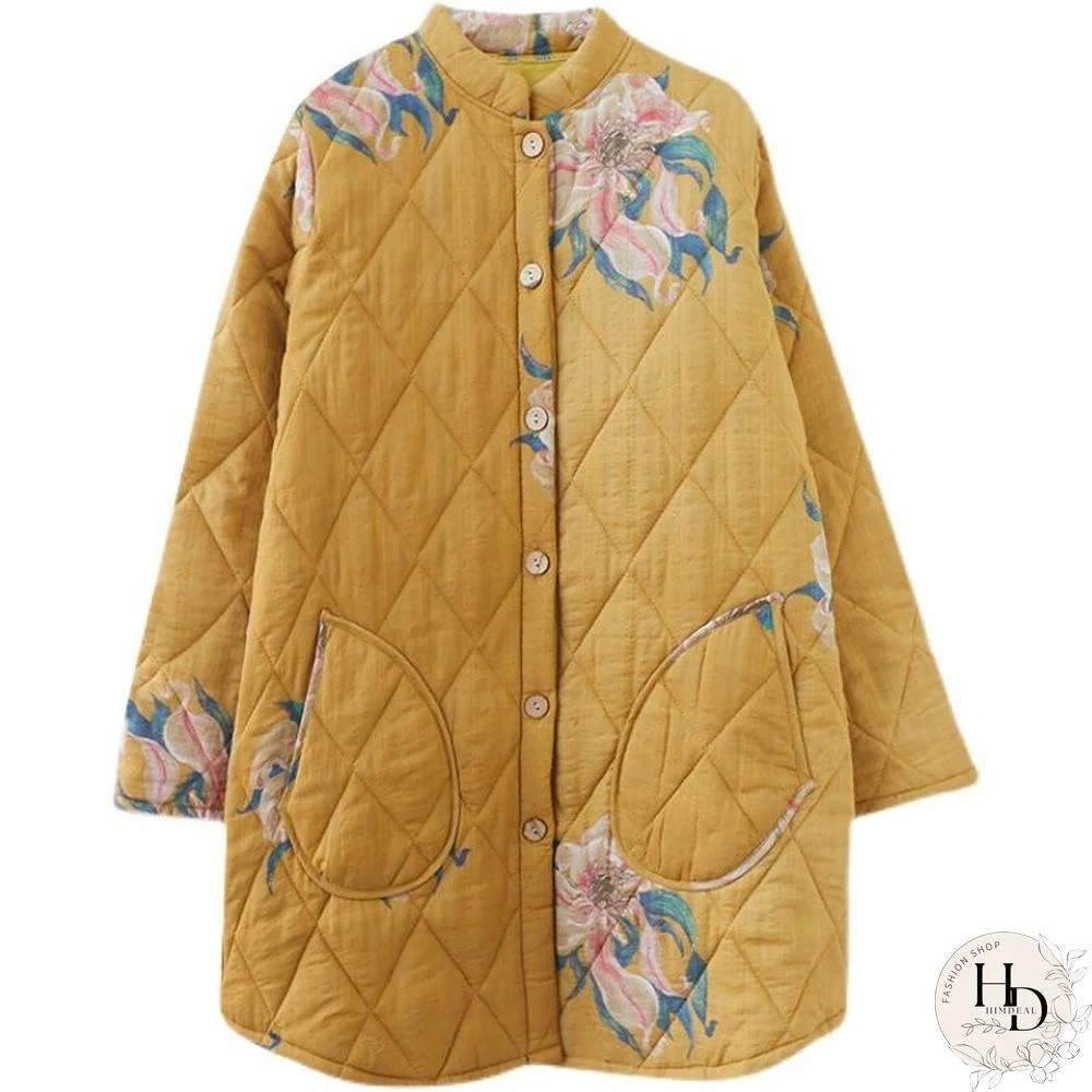 Yellow Retro Flower Printed Coat