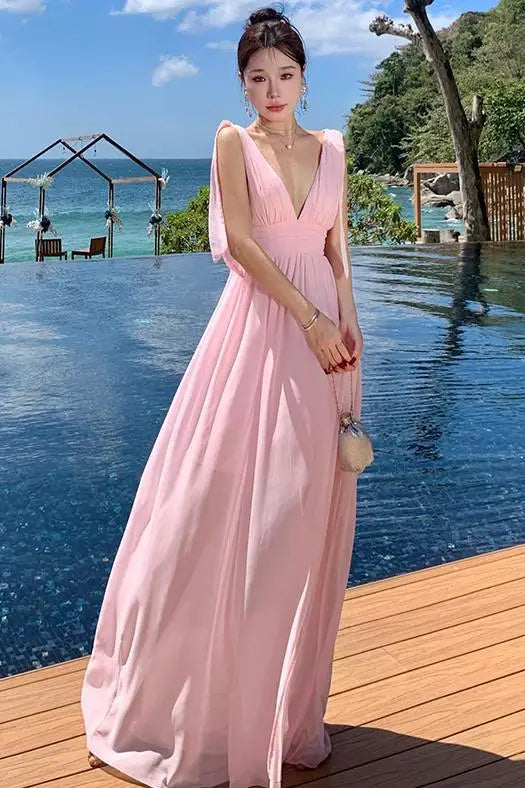 Aiertu Pink High Waist Women Temperament Backless Pleated Vest Dress Summer 2024 New Ladies V-neck Sleeveless Elegant Long Dresses Robe Aiertu
