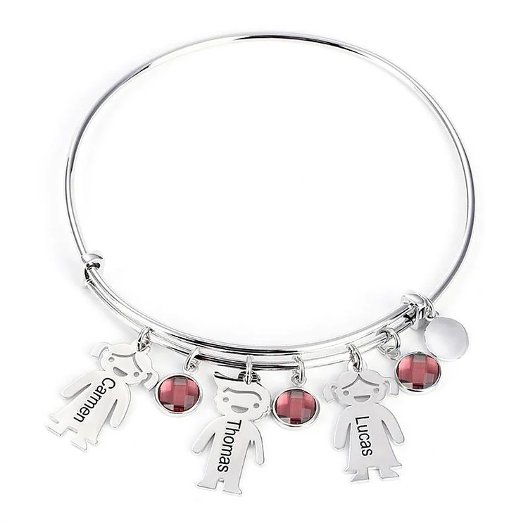 Ruby Bangle Bracelet with Kids Charms Custom Birthstones Birthday Gift for Mother