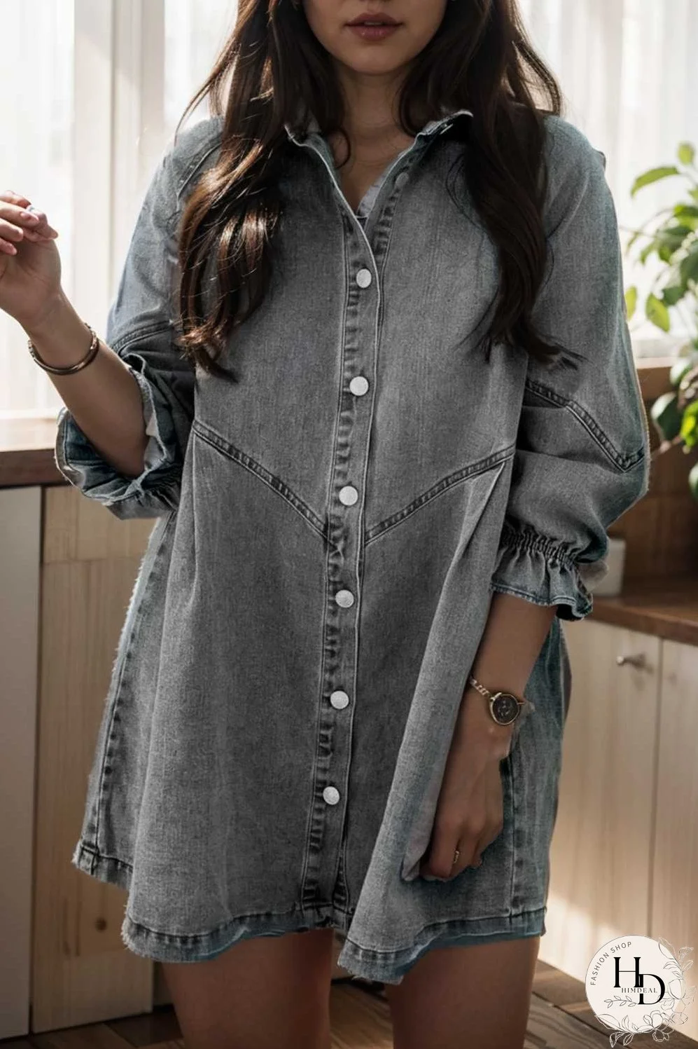 down loose short sleeve denim jean dress drop shoulder a line paneled peasant closed bateau v neck dress