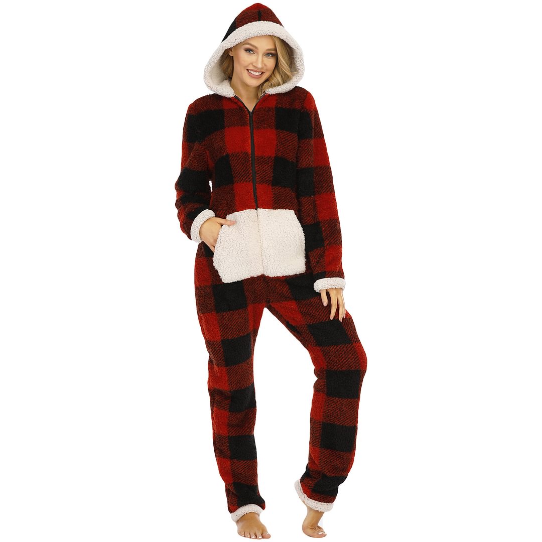 Adult Women Thickened Plaid Hooded Jumpsuits Onesie Pajamas-Pajamasbuy