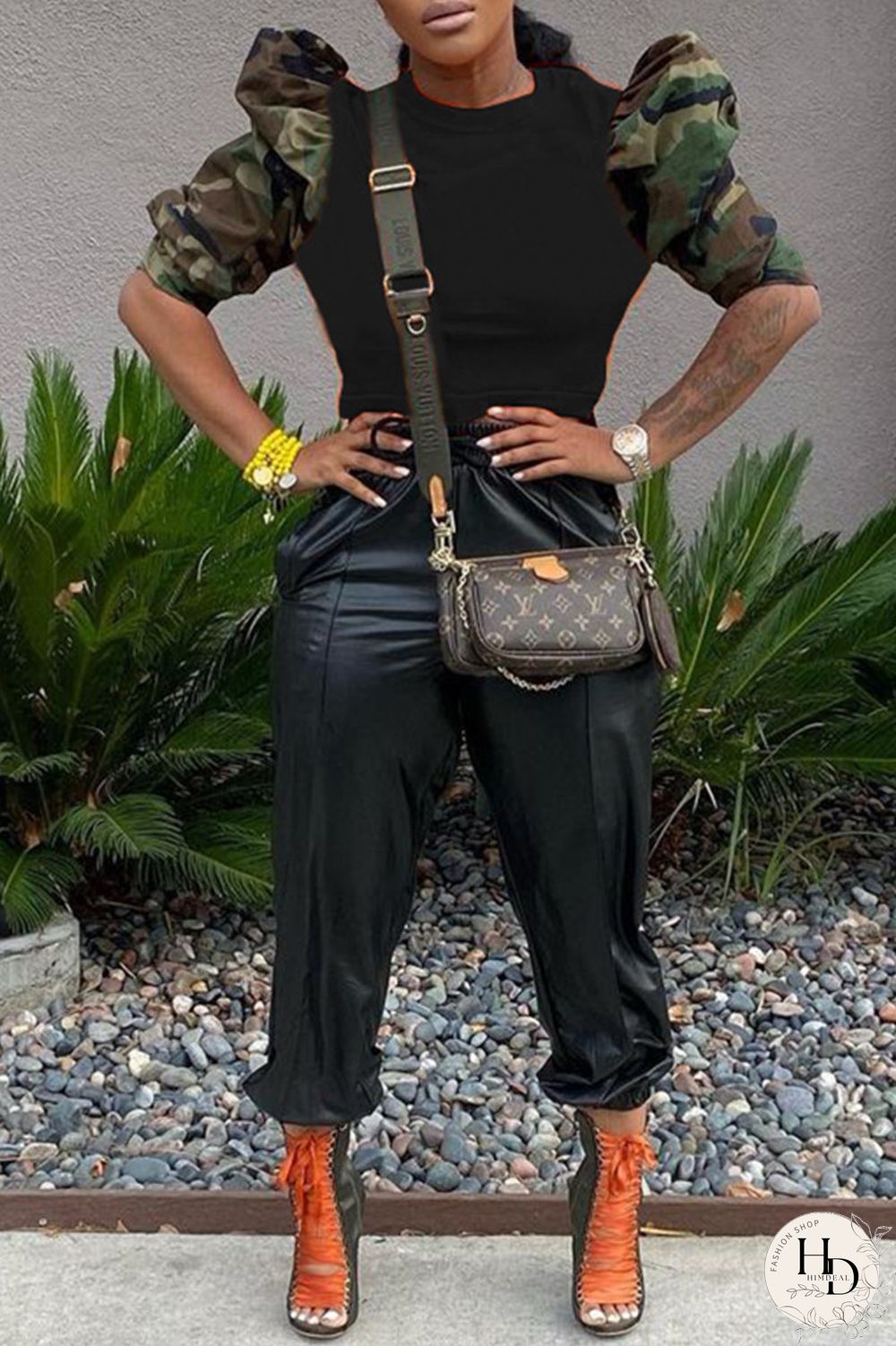 Black Fashion Casual Camouflage Print Patchwork O Neck Tops