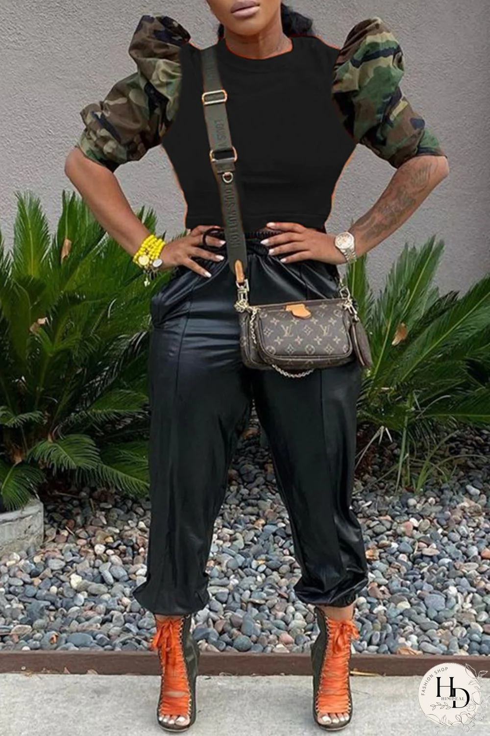 Black Fashion Casual Camouflage Print Patchwork O Neck Tops