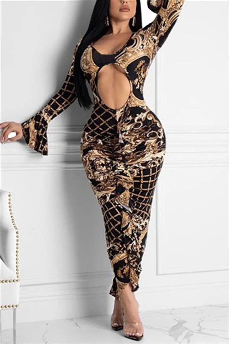 Sexy Digital Print Hollow Out Dress