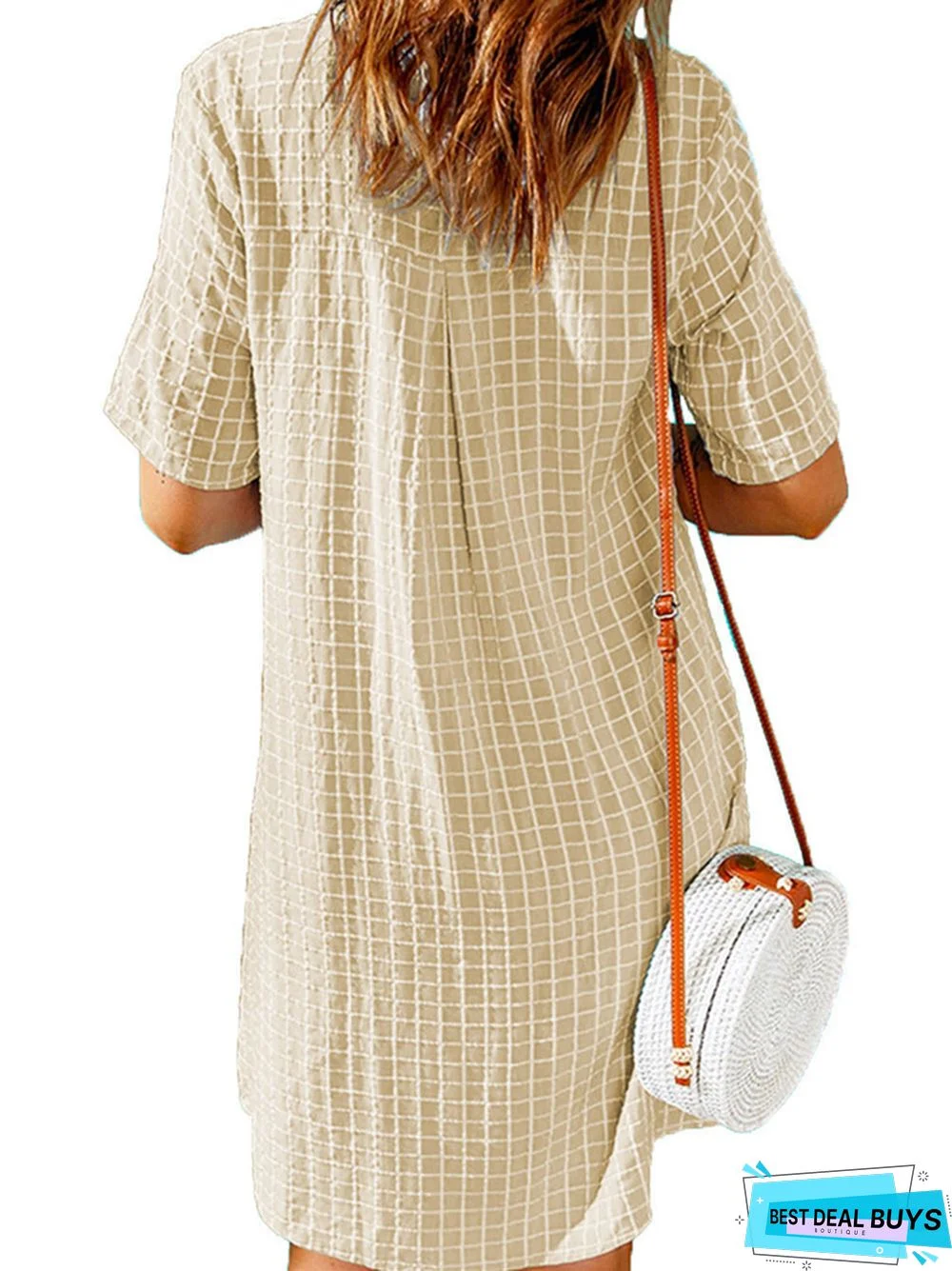 Women's Casual Shirt Short Skirt Lapel Plaid Loose Short Sleeve Dress White Dress