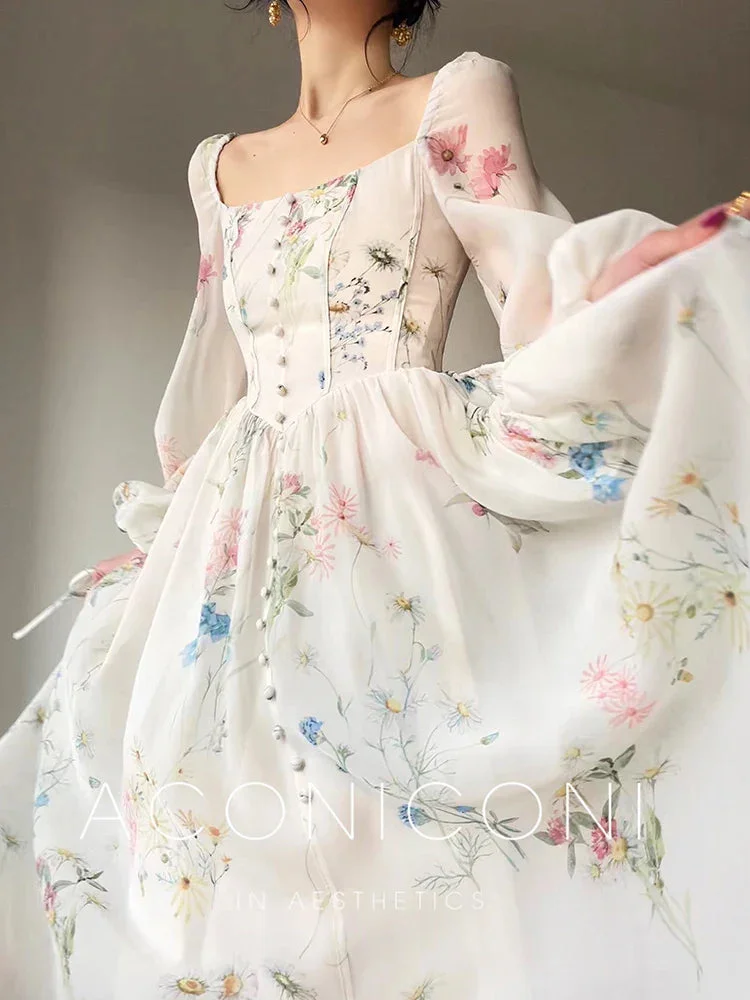 Abebey-French Vinatge Floral Long Dresses for Women Evening Party A-line Beach Dress Lantern Sleeve Spring Summer Prom Robe Vestidos
