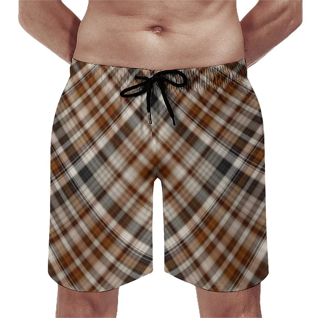 Autumn Browns Beige Tartan Plaid Men's Swim Trunks Summer Board Shorts Quick Dry Beach Short with Pockets
