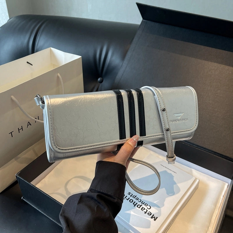 Women's Medium Pu Leather Stripe Basic Vacation Streetwear Sewing Thread Square Flip Cover Shoulder Bag