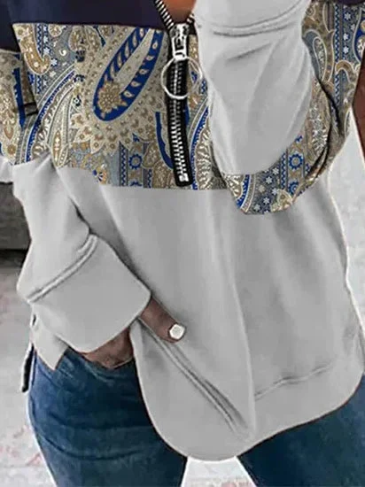 Women Long Sleeve V-neck Colorblock Floral Printed Top