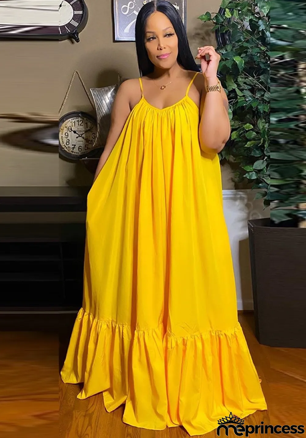 Women Summer Yellow Strap Solid Color Boho Swing Long Maxi Dress