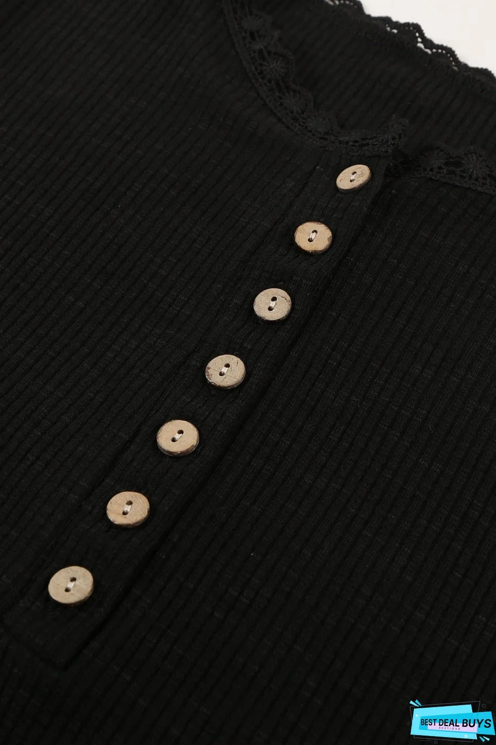 Black Crew Neck Buttoned Ribbed Knit Short Sleeve Top