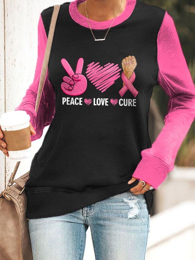 Breast Cancer Awareness Peace Love Cure Print Sweatshirt