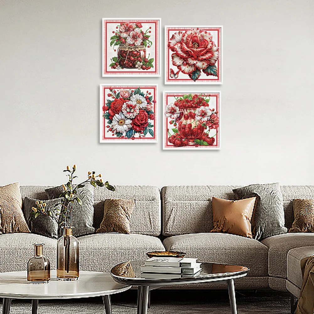 4pcs Diamond Painting - Partial Special Shaped Drill - Red Flower(Canvas|30*30cm)