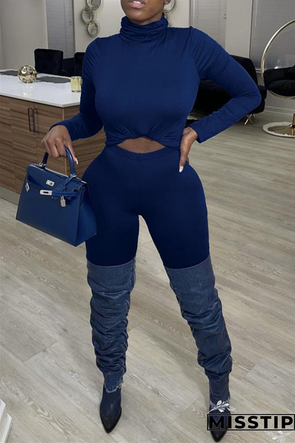 Tibetan Blue Casual Solid Basic Turtleneck Long Sleeve Two Pieces