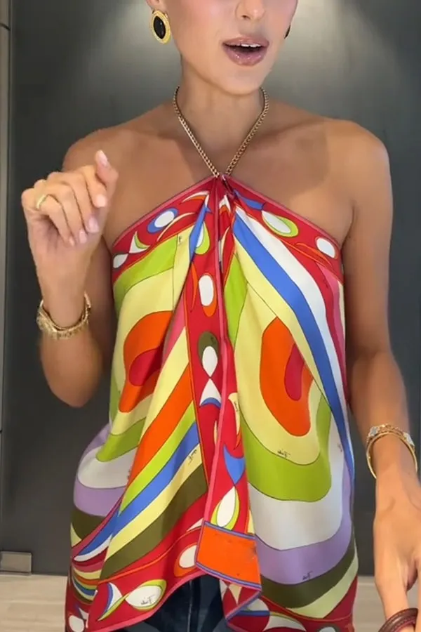 Artistic Girl Satin Unique Print Metal Chain Halter Draped Scarf Tank