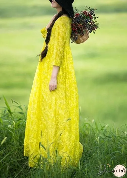 Organic O Neck Cinched Long Shirts Lnspiration Yellow Print Kaftan Dresses