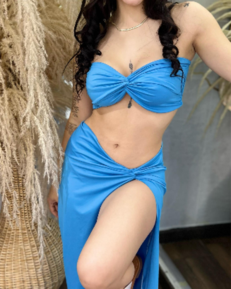 Solid color tube top swimsuit three piece set